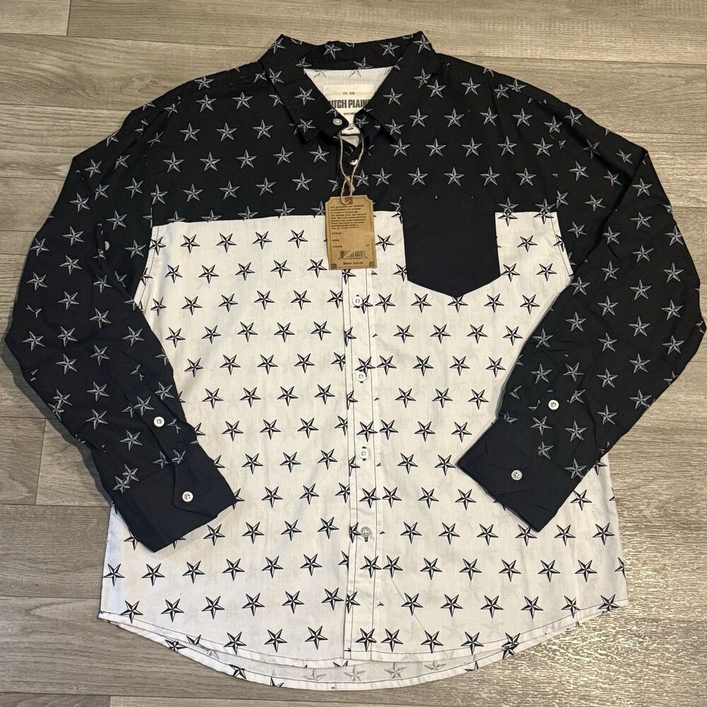 Ditch Plains Mens L Star Print Button Up Shirt Two Tone Navy White Cotton NWT